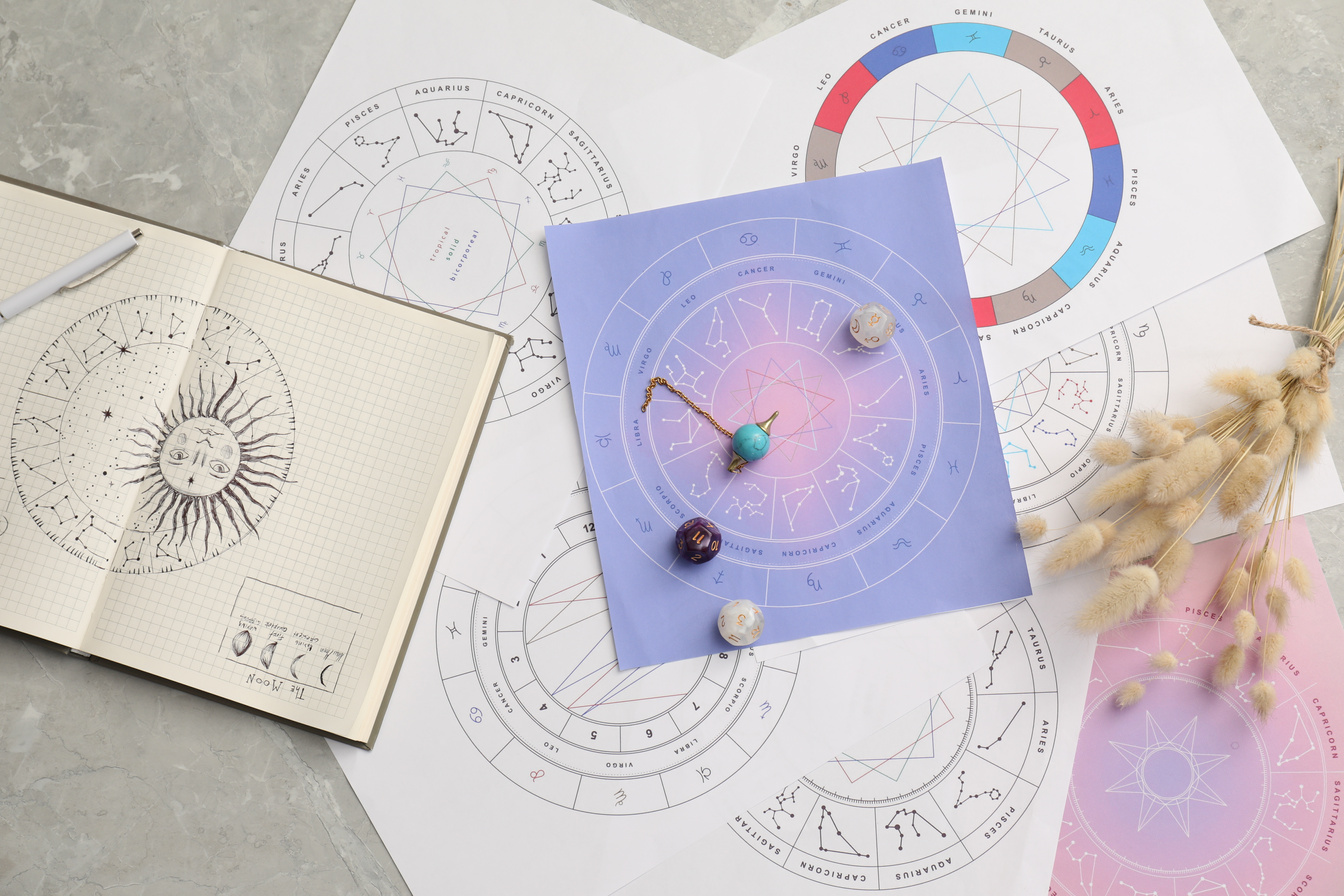 Natal Chart for Making Forecast of Fate and Astrological Items for Fortune Telling on Light Grey Marble Table, Flat Lay
